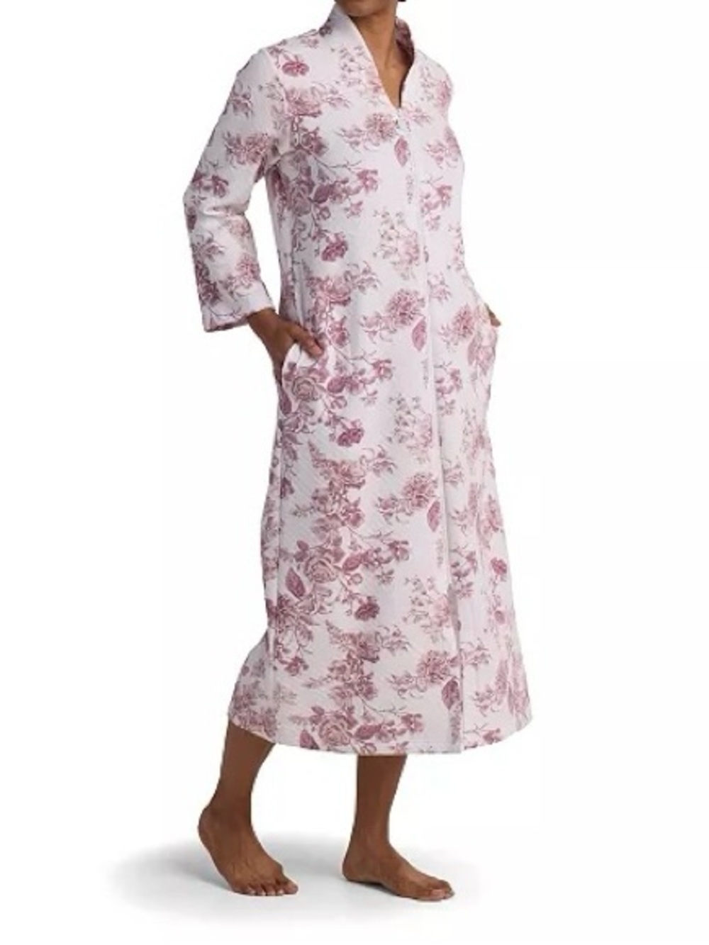 Miss Elaine Zip Front Robe M Floral Quilted Long Sleeve Lounge NWT